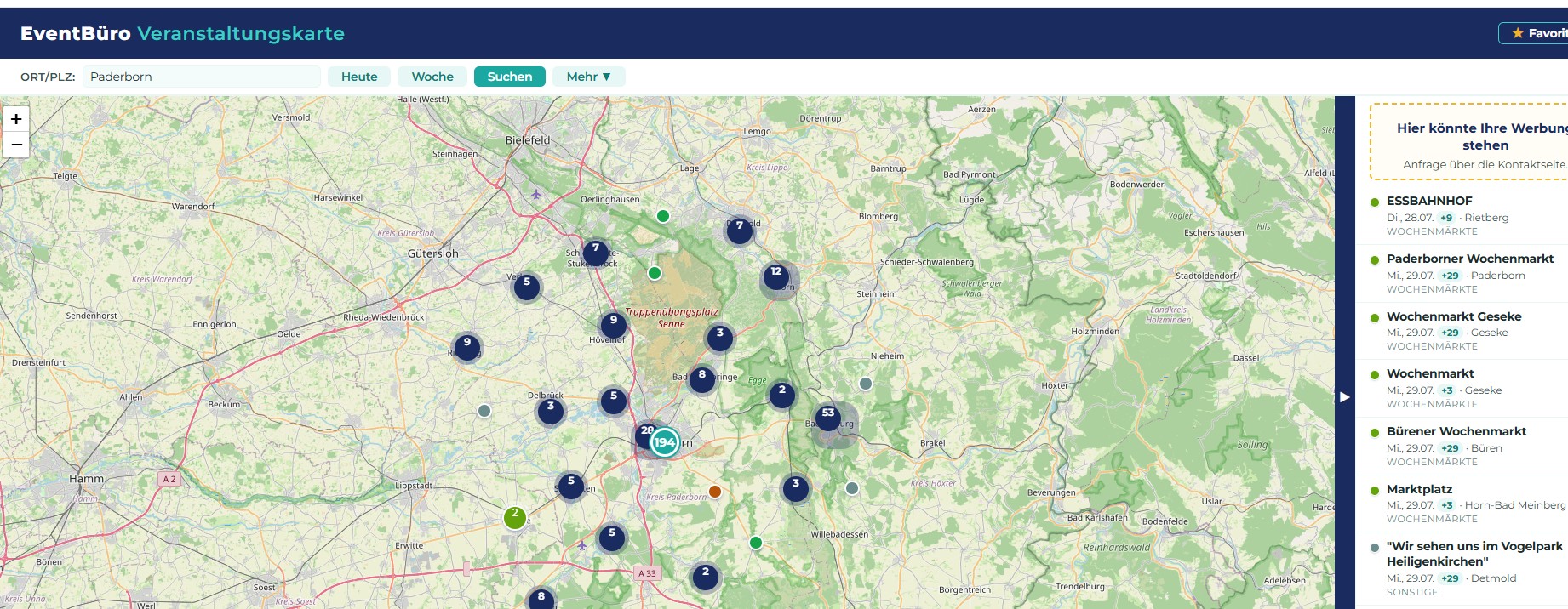 Die Veranstaltungskarte von eventbüro.com im Raum Paderborn mit vielen gebündelten Veranstaltungsmarkern und der Trefferzahl im Suchmittelpunkt