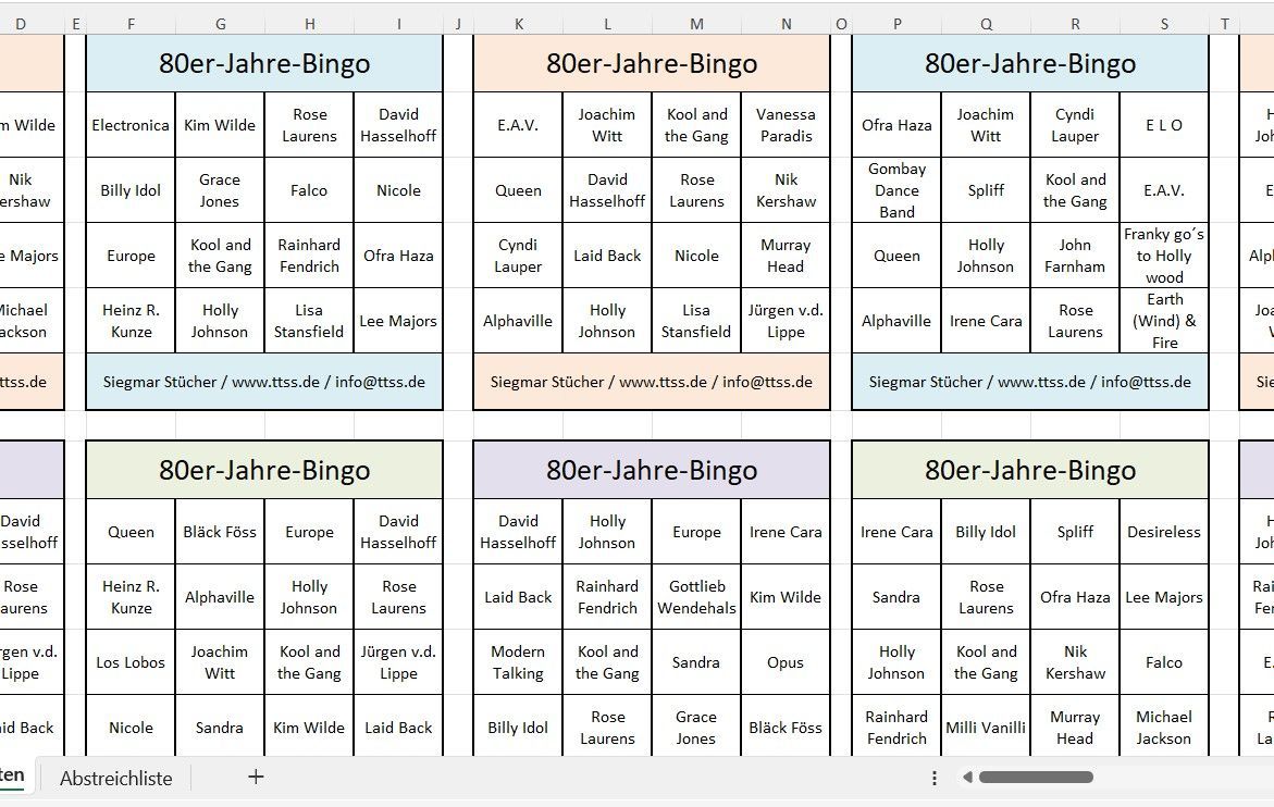 Beispiel-Bingokarten zum Thema 80er Jahre
