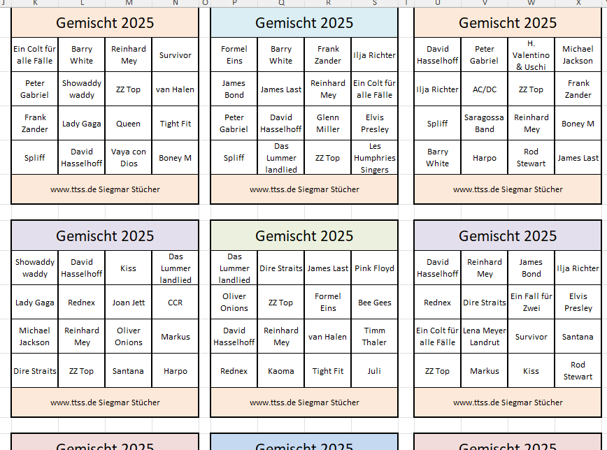Beispiel-Bingokarten zum Thema Gemischt 2025 mit Barry White, Frank Zander, David Hasselhoff und weiteren