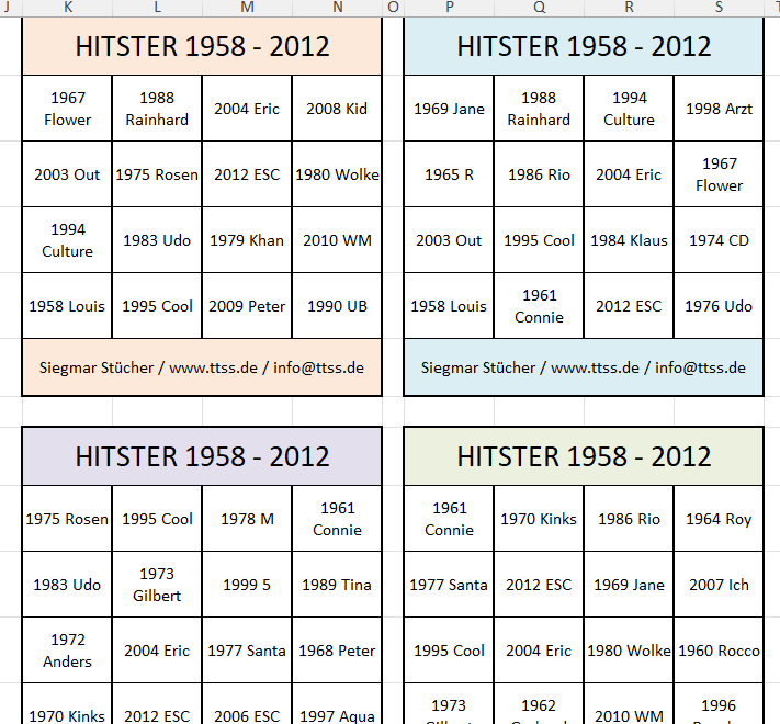 Beispiel-Bingokarten zum Thema HITSTER 1958 bis 2012