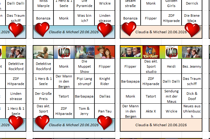 Individuelle Bingokarte mit TV-Serien-Motiven und Herzen zur Hochzeit von Claudia und Michael
