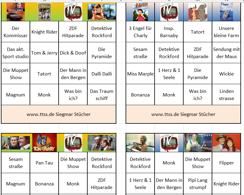 Beispiel-Bingokarten zum Thema TV-Serien mit Knight Rider, Tatort, Muppet Show und weiteren