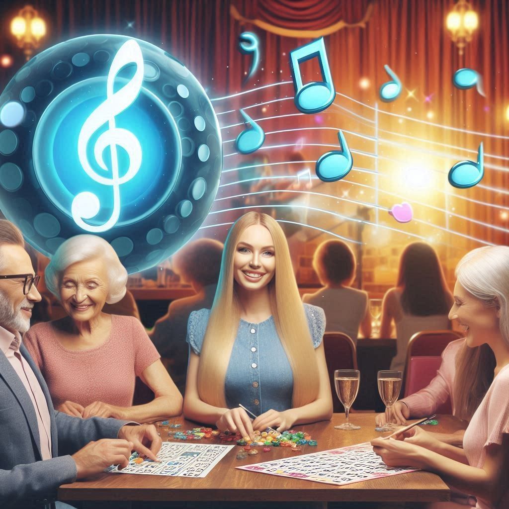 Menschen an einem Tisch beim Musikbingo mit fliegenden Musiknoten