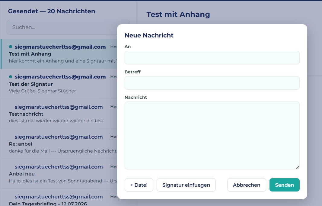Dialog Neue Nachricht in SiegmarMail mit den Feldern An, Betreff und Nachricht